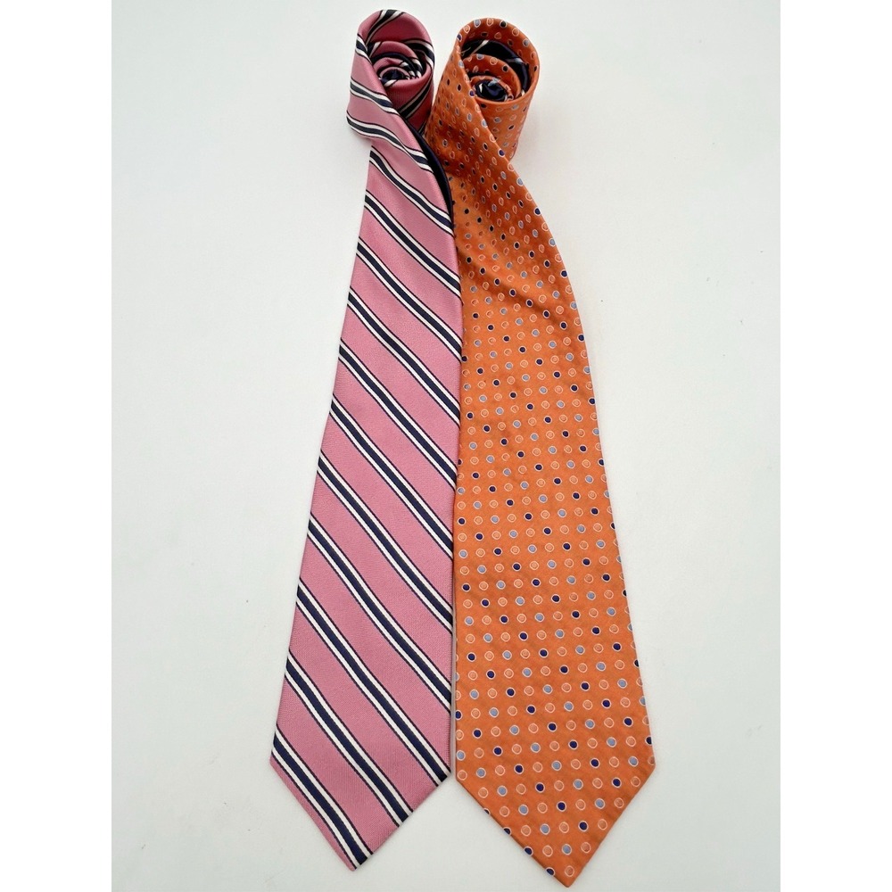 Lot Of 2 Tommy Hilfiger Neckties 1 Orange 1 Pink 1 100% Silk Red Logo Lot